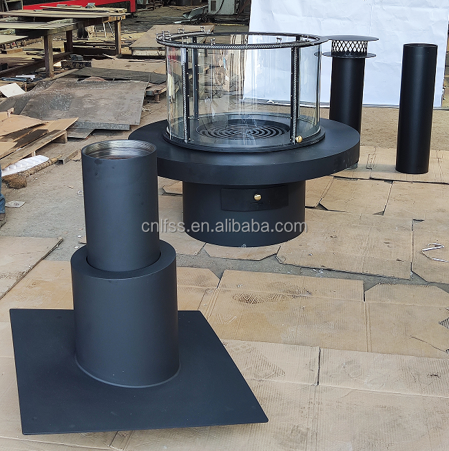 Hochwertiges schwarzes modernes Tisch europäischer Stil Luxus Glas Kunst Drehkamin Runder Möbel aus Kohlenstoffstahl 4